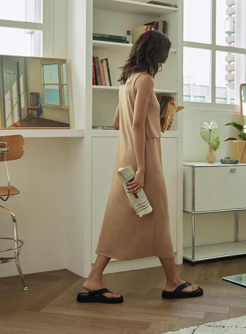 不對稱領休閒無袖綁帶洋裝